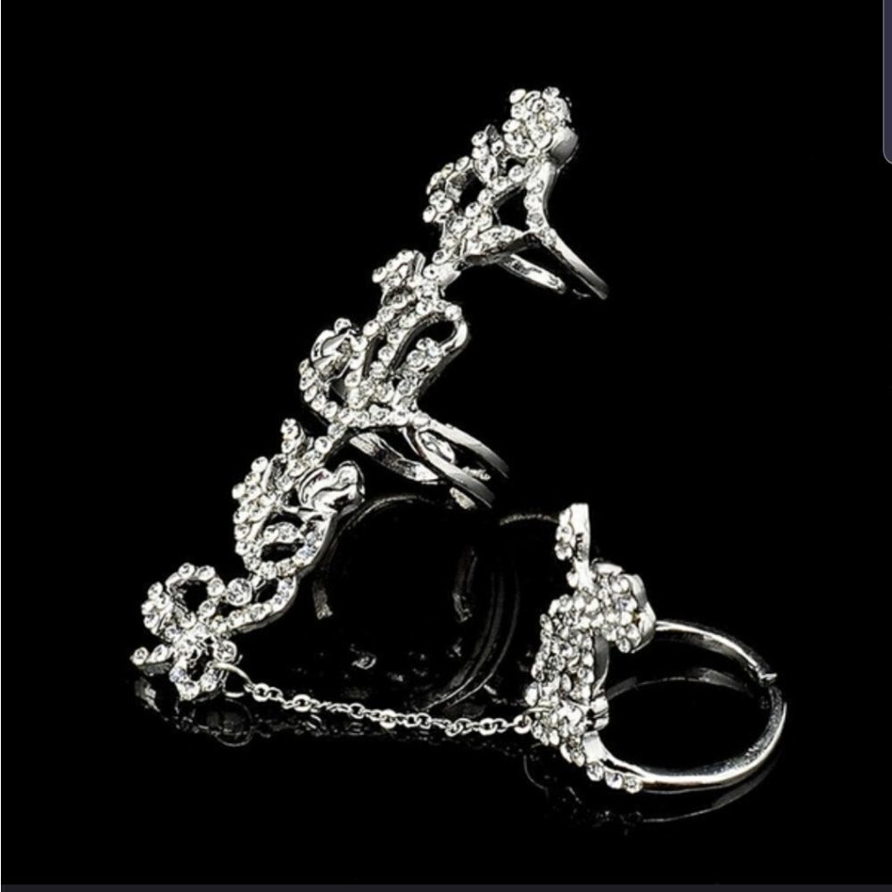 Silver Tone Floral Two Finger Rhinestone Ring